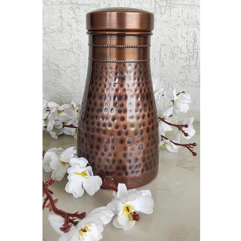 Pure Copper Bedroom Water Bottle with Inbuilt Glass, Hammered Antique Design, Volume 900 Ml (Pack of 2)