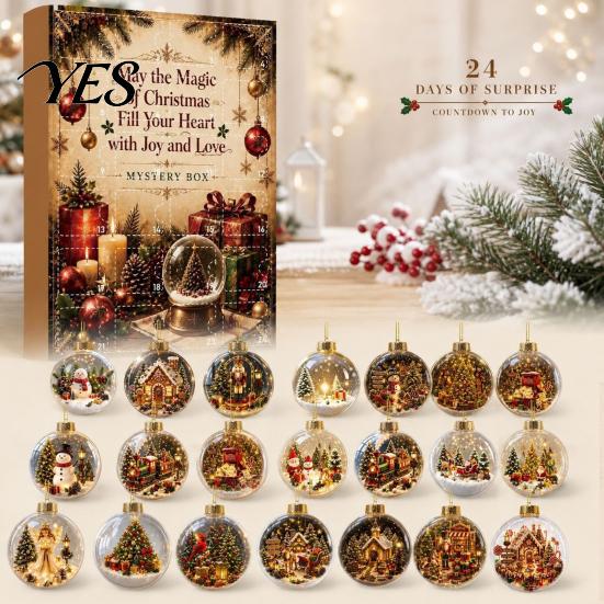 Winter Holiday Party Favors Christmas Advent Calendar, Acrylic 2D Flat Crystal Ball Pendants with Lanyard, Festive Home Supplies 24 Day Tree