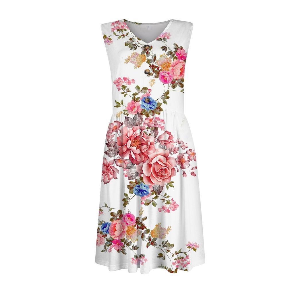 Women's Casual Fashion Sexy V-neck Button Decoration Sleeveless Waist Gradient Print Dress