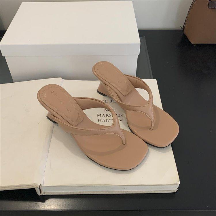 European and American Fashion Small Slope Heel High Heel Open-toe Flip-flops Niche Lazy Shoes Comfortable Pinch Cold Slippers Women's Shoes