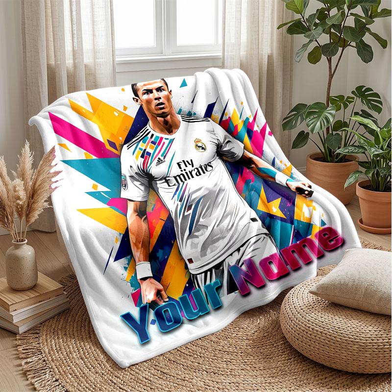 Cristiano Ronaldo Custom Name Text Flannel Blanket Soccer Logo Personalized Fleece Throw Blanket Special Gift For Sofa Bedroom Home