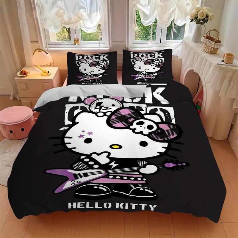 3 шт. Крутое постельное белье с рисунком Hello Kitty в стиле рок, комплект из трех предметов (1 Наволочка + 2 Наволочки, Без Наполнителей), Мягкий и удобный W021