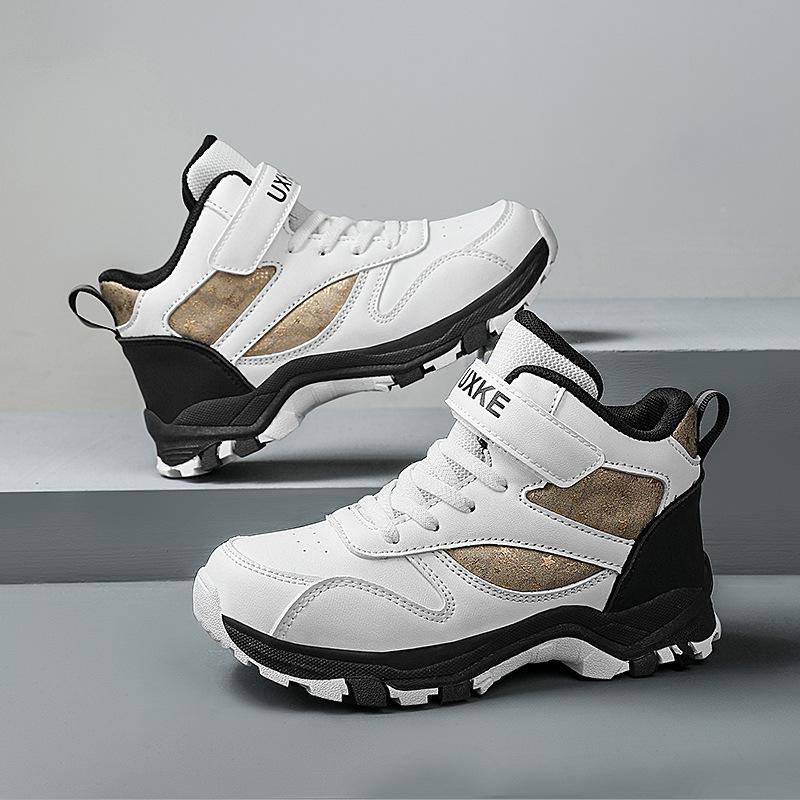 Детская спортивная обувь весна новая кожа износостойкая мальчики кроссовки с высоким верхом средних и больших размеров детская нескользящая амортизирующая повседневная обувь