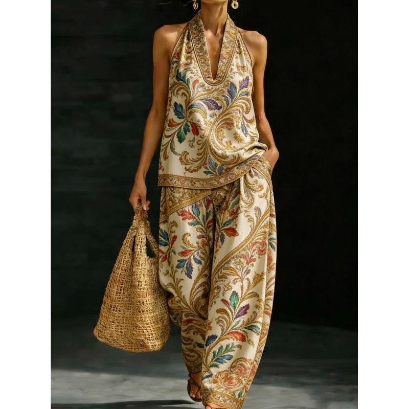 1116 set European and American women's clothing printed neck V-neck sleeveless casual pants set