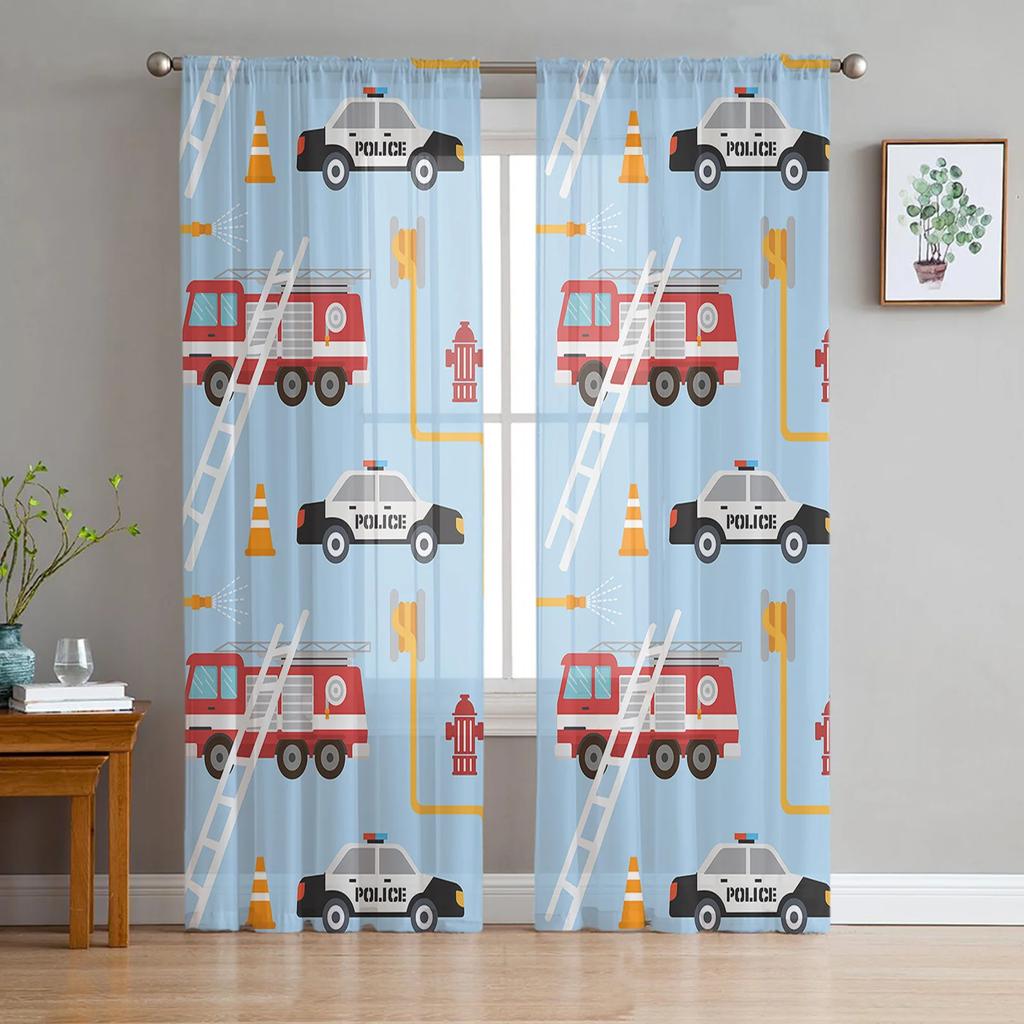 Cartoon Fire Truck Gray Sheer Curtains for Bedroom Living Room Decoration Window Curtain for Kitchen Tulle Voile Organza Drapes