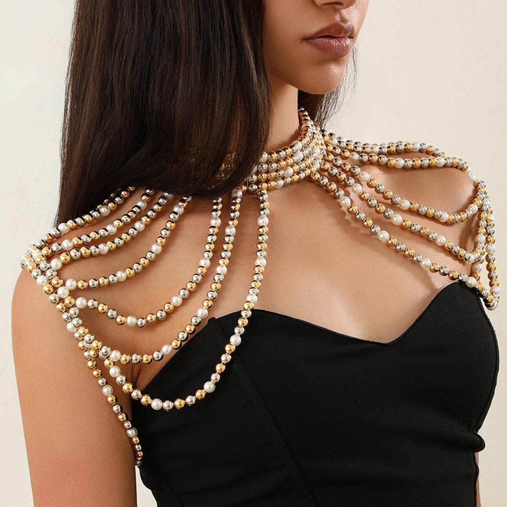 Elegant Pearls Tassels Body Chain Hand Beading Collar Necklace for Lady Pearls Chain Necklace for Party/Club