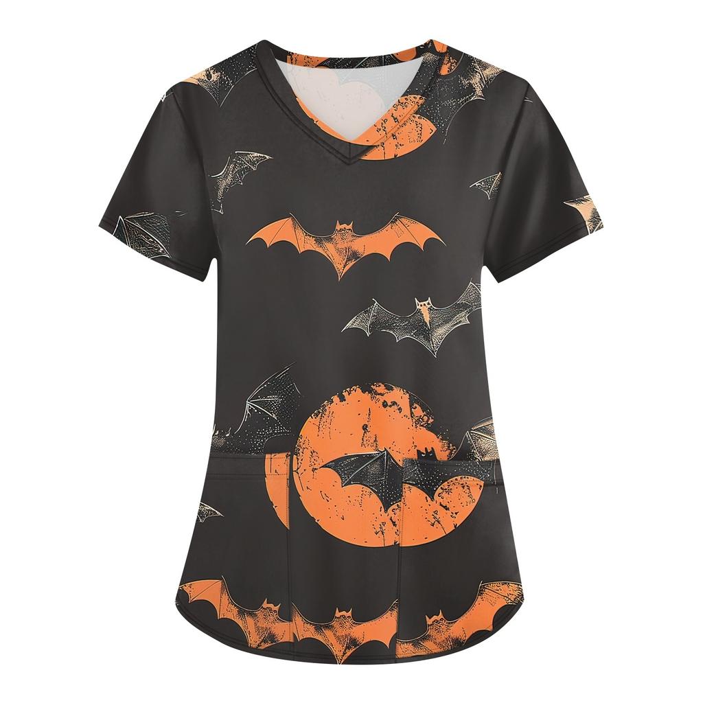Женская мода V-образным вырезом с короткими рукавами и карманами Топы с принтом на Хэллоуин