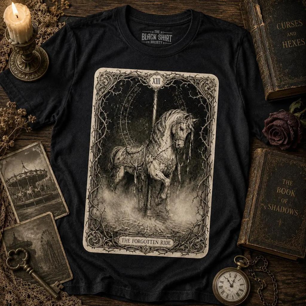 Gothic Carousel Horse T Shirt Victorian Tarot Dark Fantasy Apparel Vintage Stretched Casual Homme Versatile Comfortable