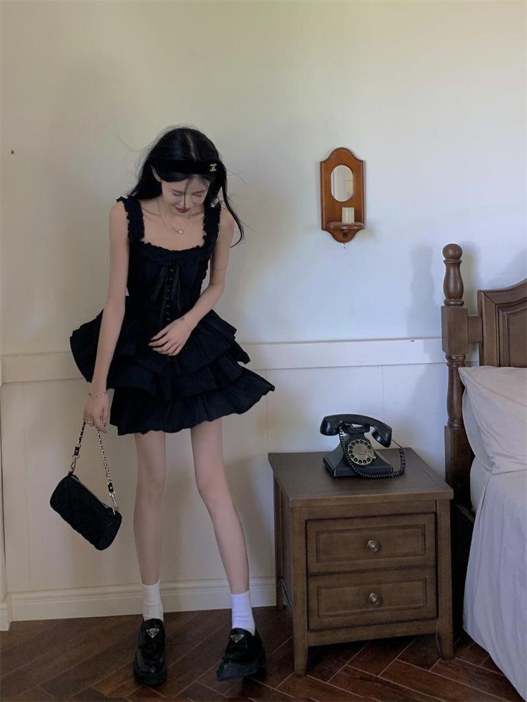 Women's Slim Suspender Dress: Summer 2023 Hepburn-Style Little Black Cake Dress