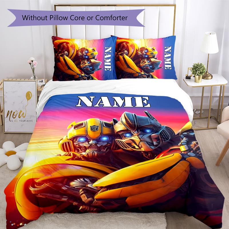 3pcs Custom Name Cartoon Optimus Prime & Bumblebee Bedding Set Duvet Cover Closure Includes 1 Duvet Cover & 2 Pillowcases for All Seasons Bedroom Deco