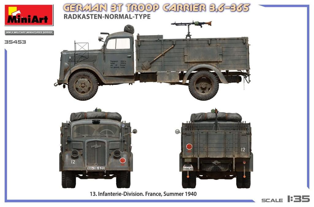 Miniart Масштаб Немецкий troop carrier Стандартное крыло Тип Пластиковая модель MA35453 1/35 3-тонный 3,6-36S (Военная техника)