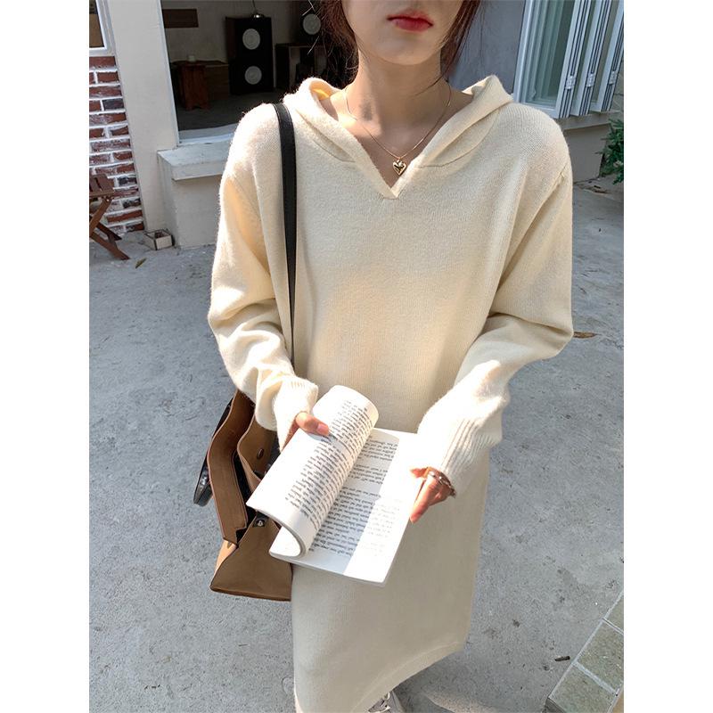 Women's Loose Hooded Knit Dress - Long-Sleeved, Autumn/Winter Style, Ideal as Inner Layer with Coat