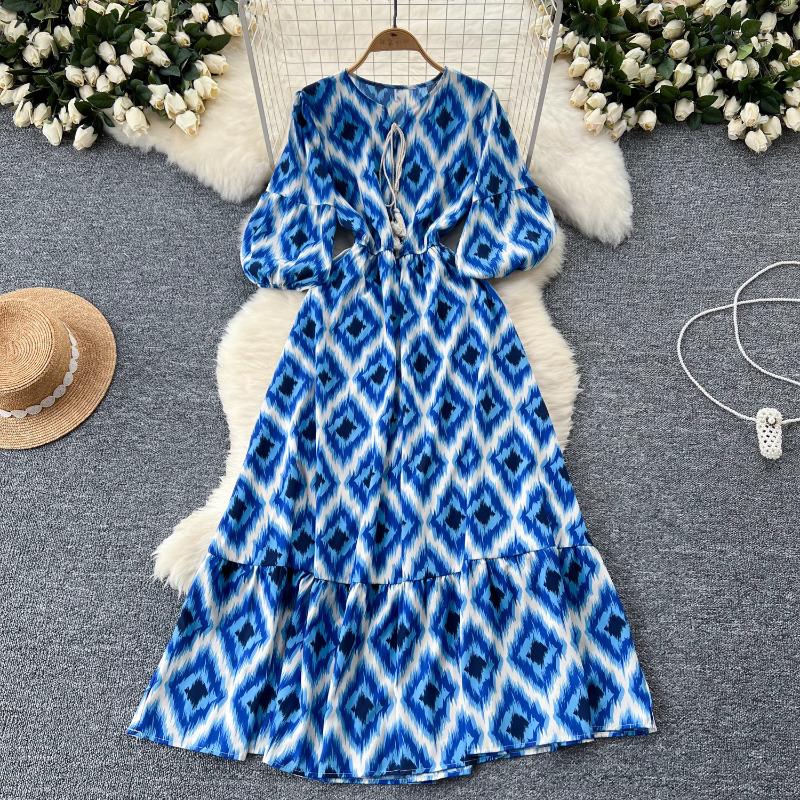 Elegant Vintage Floral Dress for Women Summer Lace Up Slim Waist Dresses Y2k Puff Sleeve Loose Dresses