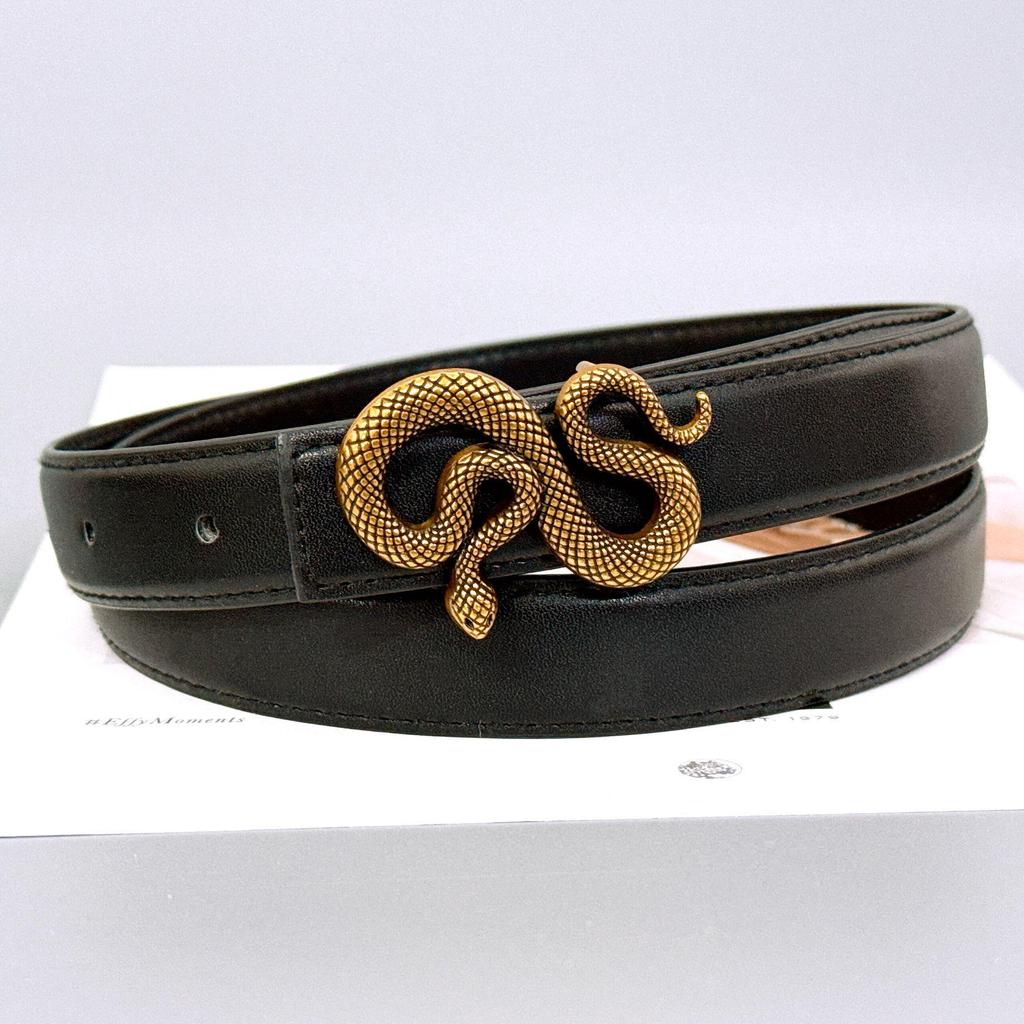 Черный сетчатый ремень с ретро-пряжкой в виде золотой змеи: Элегантный европейско-американский модный аксессуар для женщин