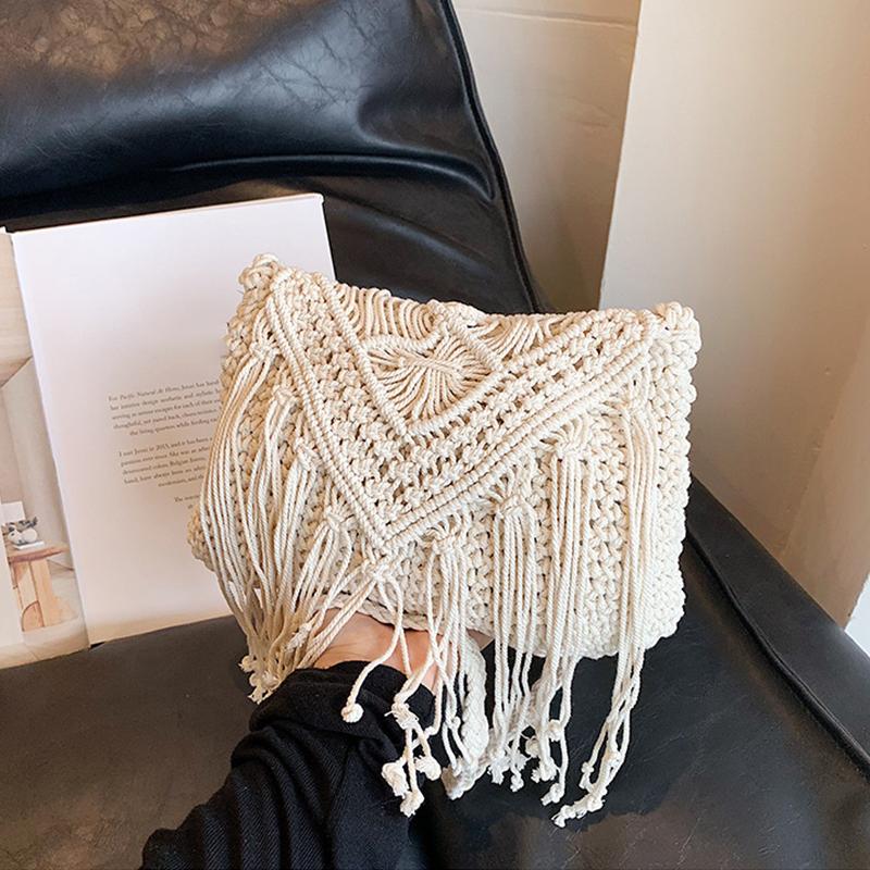 Fashion Casual Cotton Bag Hollow Tassel Beach Bag Flap Hand Woven Bag Cotton Rope Shoulder Crossbody Bag For Women