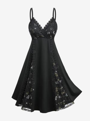 Rosegal Платье-ками на подкладке с золотистой цветочной кружевной отделкой и пайетками, пэчворк, запашное, А-силуэта, больших размеров