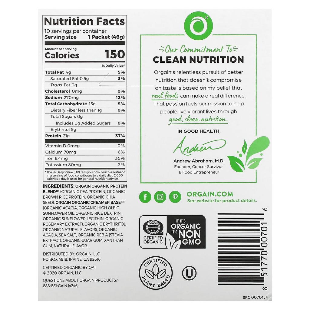 Orgain Organic Protein Powder, Vanilla Bean, 10 Packs, 46 G (1.62 Oz) Each