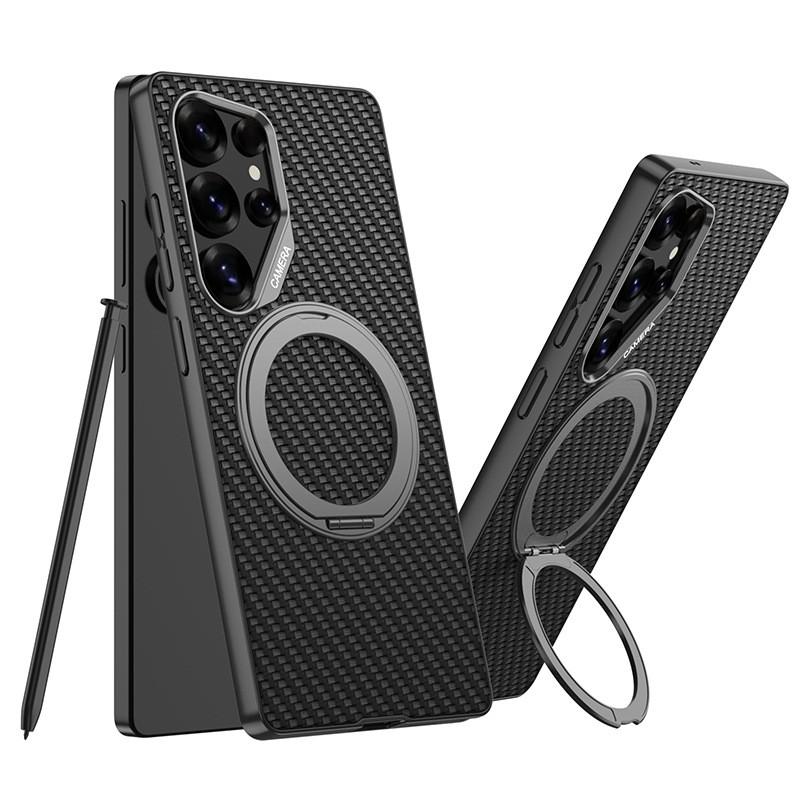 Premium Rotating Ring Stand Case Galaxy S25 Ultra S24 S23 Metal Finish Faux Leather With Drop Protection