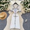 Summer Women Sweet Bowtie V-neck Short Sleeve Knitted Sweater Pullover Dresses