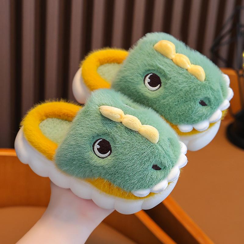 Зимние тапочки для девочек и мальчиков, теплые плюшевые детские домашние тапочки с рисунком акулы, нескользящая детская домашняя обувь на платформе для спальни