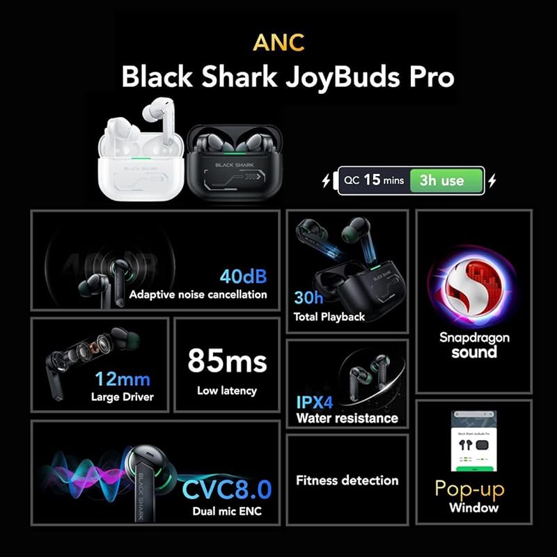 Black Shark JoyBuds Pro [Japanese authorized distributor product] Low latency ANC wireless noise canceling wireless gaming earphones Bluetooth 5.2