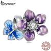 BAMOER 100% 925 Sterling Silve Charm Butterfly Flower Zircon Plated Platinum Fit Charms Bracelet Bangle Silver Jewelry Making
