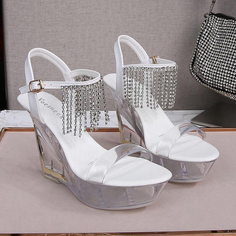 Женская обувь, прозрачные туфли для ночного клуба, высокие каблуки, подиум, стразы, кисточка, кристаллическая танкетка, серия 1101, каблук 10 см, платформа 4 см, LFD