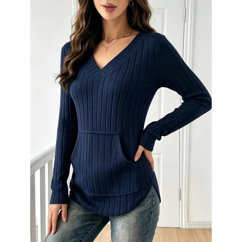 Women S Casual Knit Ribbed V Neck Long Sleeve T Shirt