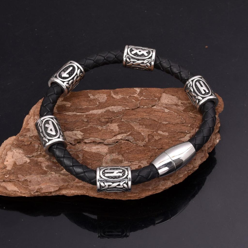 Европейский и американский женский мужской кожаный браслет из нержавеющей стали, браслет с рунами викингов, браслет-амулет, браслет-амулет