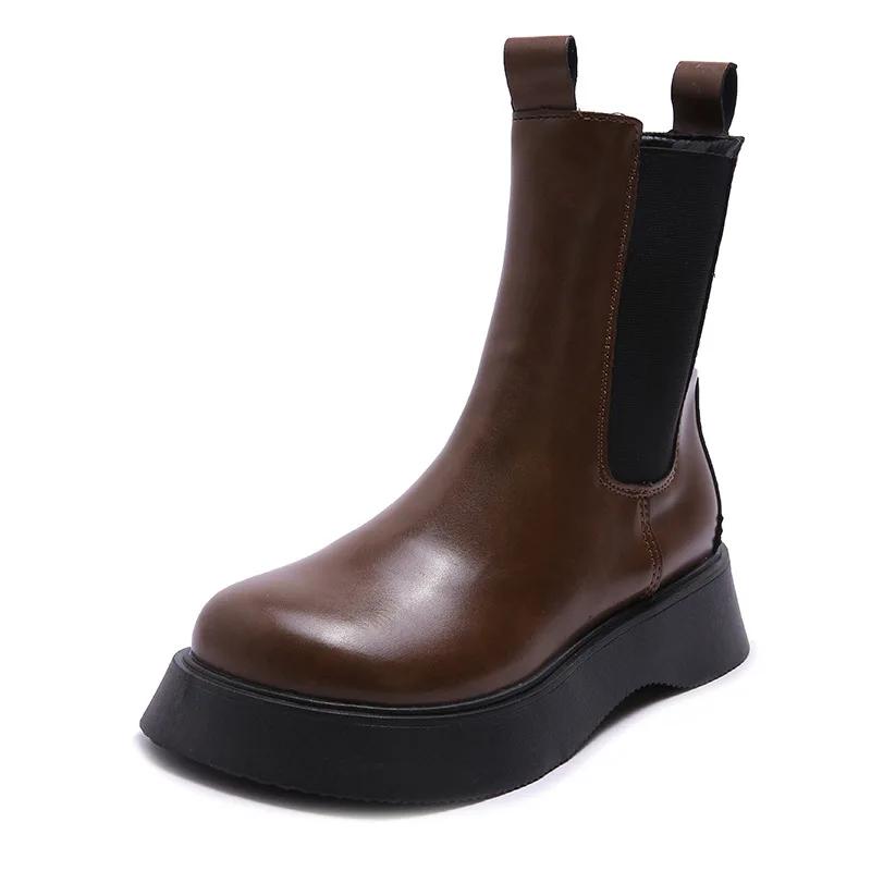 Коричневые женские короткие ботинки в стиле ретро с толстой подошвой, повседневные, осенние, модные, универсальные, ботинки челси, без застежек на платформе, мотоциклетные ботинки