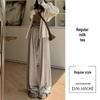 Petite Oatmeal Wide-Leg Pants for Women - High Waist, Drapey, Loose Fit, Floor-Length for Spring and Autumn.
