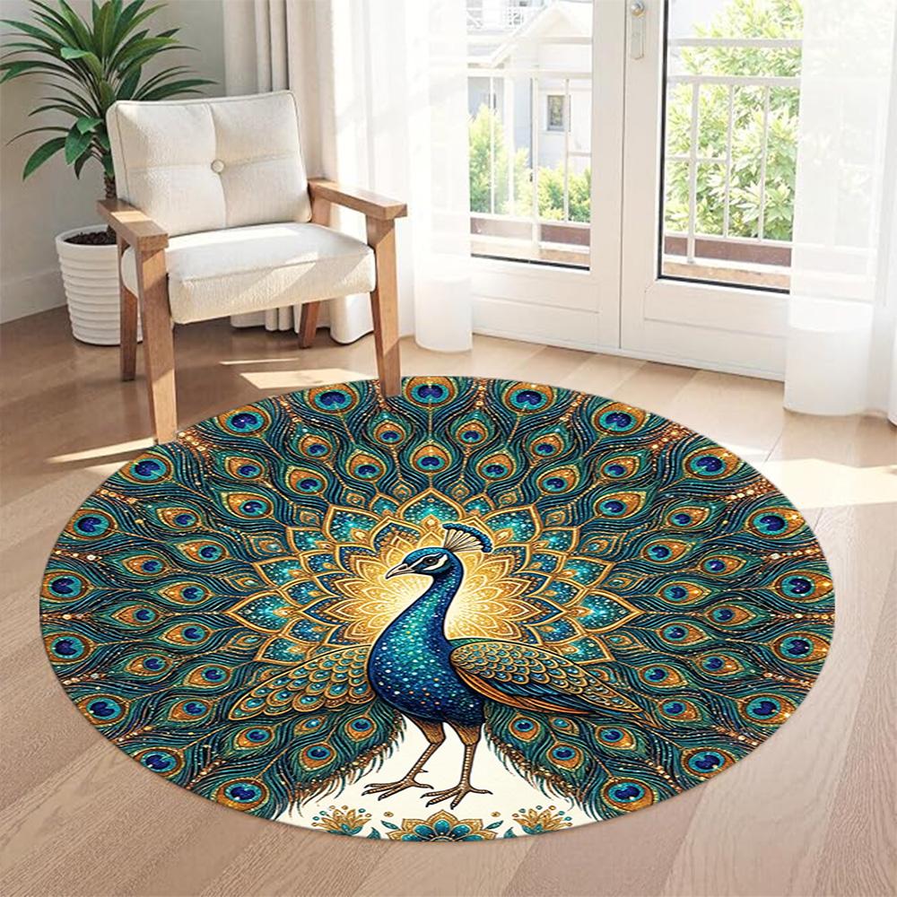 Peacock Round Area Rug Perfect for Balcony Outdoor Foyer Kitchen Anti-slip Round Rug Office home decor Spiritual Gift