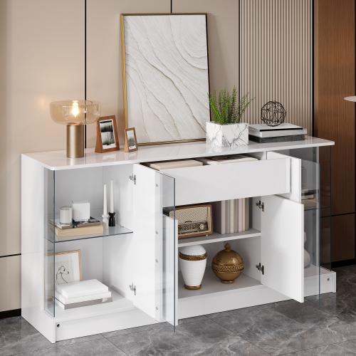 White High Gloss Sideboard, Particle Board Display Cabinet, 2 Glass Doors, Drawer & Double Doors, App Controlled LED Lighting, Living Room Storage
