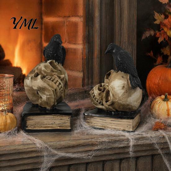 Spooky Gothic Home Decor Accessories Halloween Skull Head Statue, Crow And Book Sculpture, Table Centerpiece Resin Statue for Party Realistic
