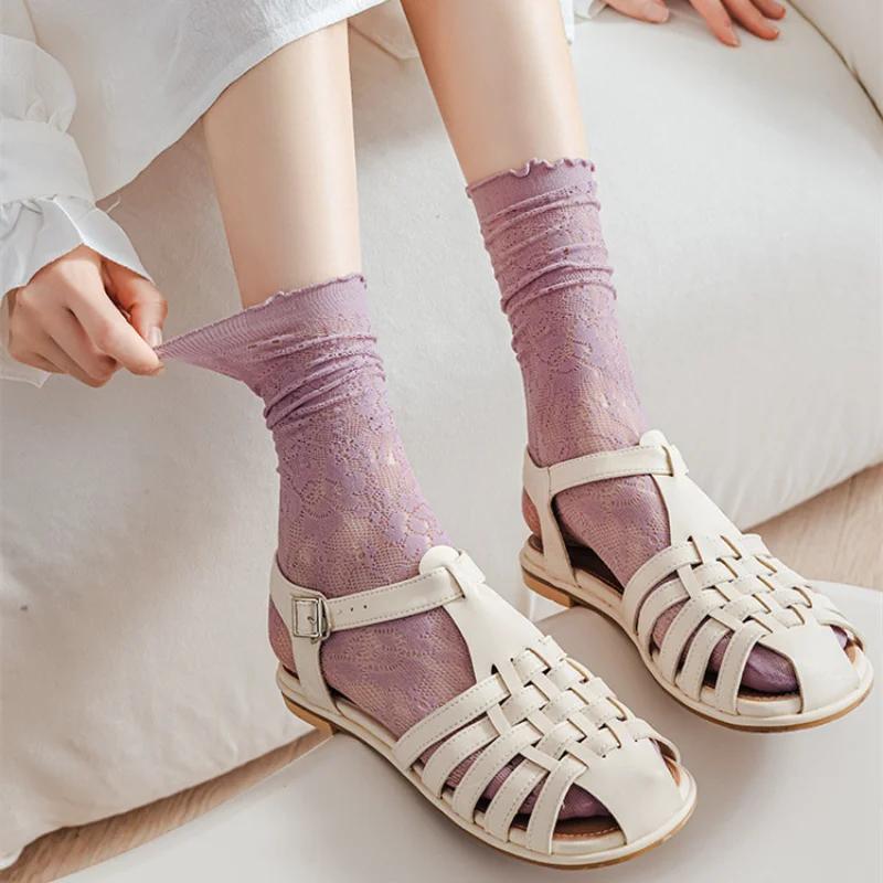 Summer Lace Hollow Out Socks Breathable Mesh Loose Long Socks Women Korean Fashion Thin Breathable Harajuku Vintage Crew Socks
