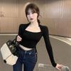 Sexy Square-neck Bottoming Shirt for Women Niche Autumn Wear Long-sleeved T-shirt Slim Drawstring Top Trendy