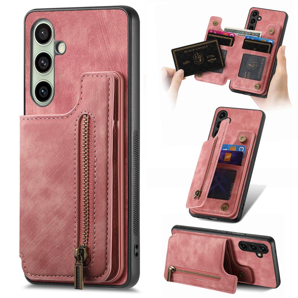 For Samsung Galaxy S25+ Case with Zipper Card Holder Retro Leather TPU Phone Cover