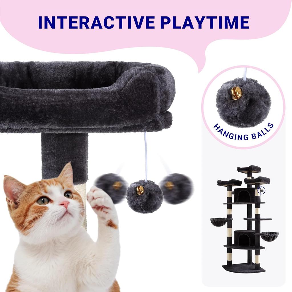 73-дюймовая угловая кошачья башня веерной формы - многоуровневое дерево для кошек для дома с когтеточками, лежанками и уютными корзинами, темно-серая