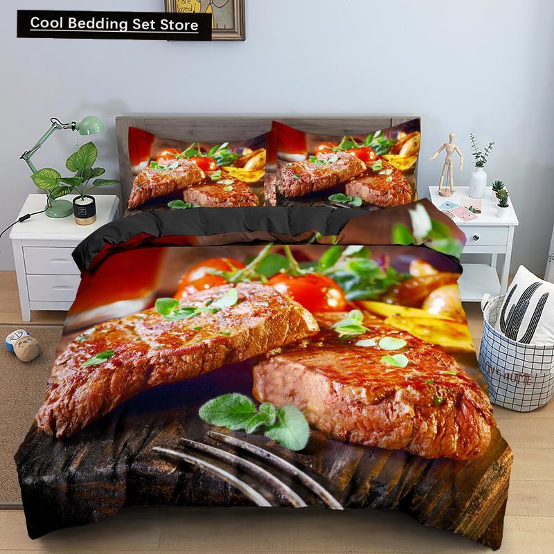 Еда Говядина Комплект постельного белья 3D Свежее мясо Пододеяльник Кинг/Квин Сайз Вкусные морепродукты Сашими Голень Стейк Реалистичный Пододеяльник
