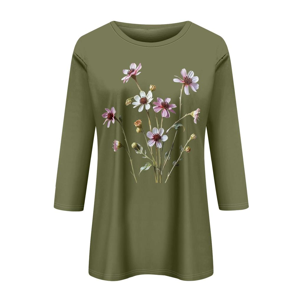 Women's Fashion Casual Printed Seven Sleeve Round Neck Top