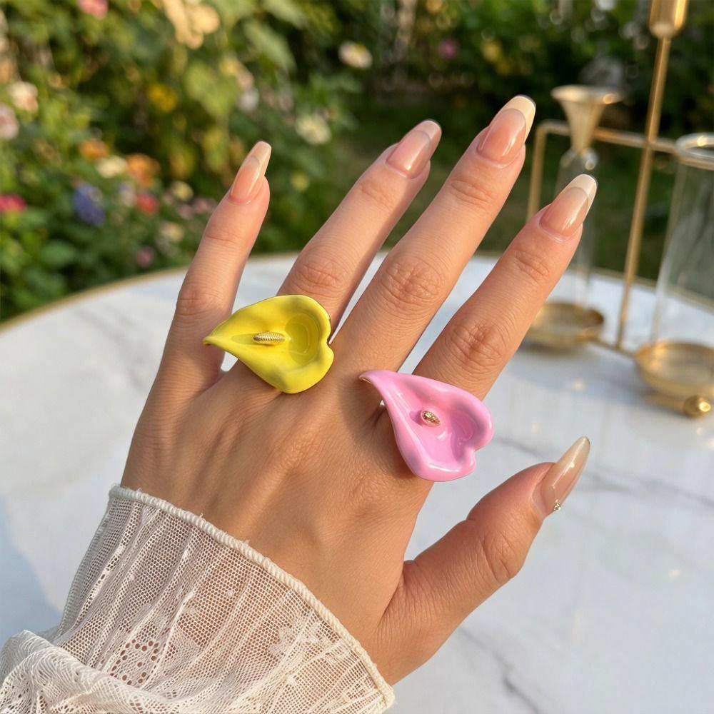 Adjustable Geometric Open Ring Metal Vintage Ring Luxury Enamel Calla Flower Ring Party