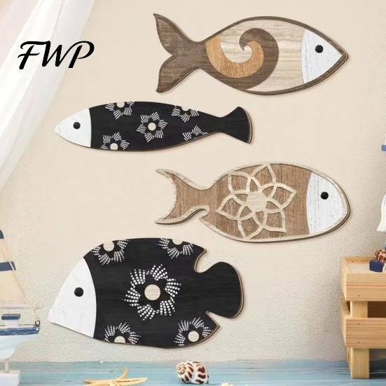 Nautical Themed Wall Decor 4 Pcs Rustic Fish Art Wooden Hanging Sculpture Beach for Coastal Ocean Bathroom Home Vintage