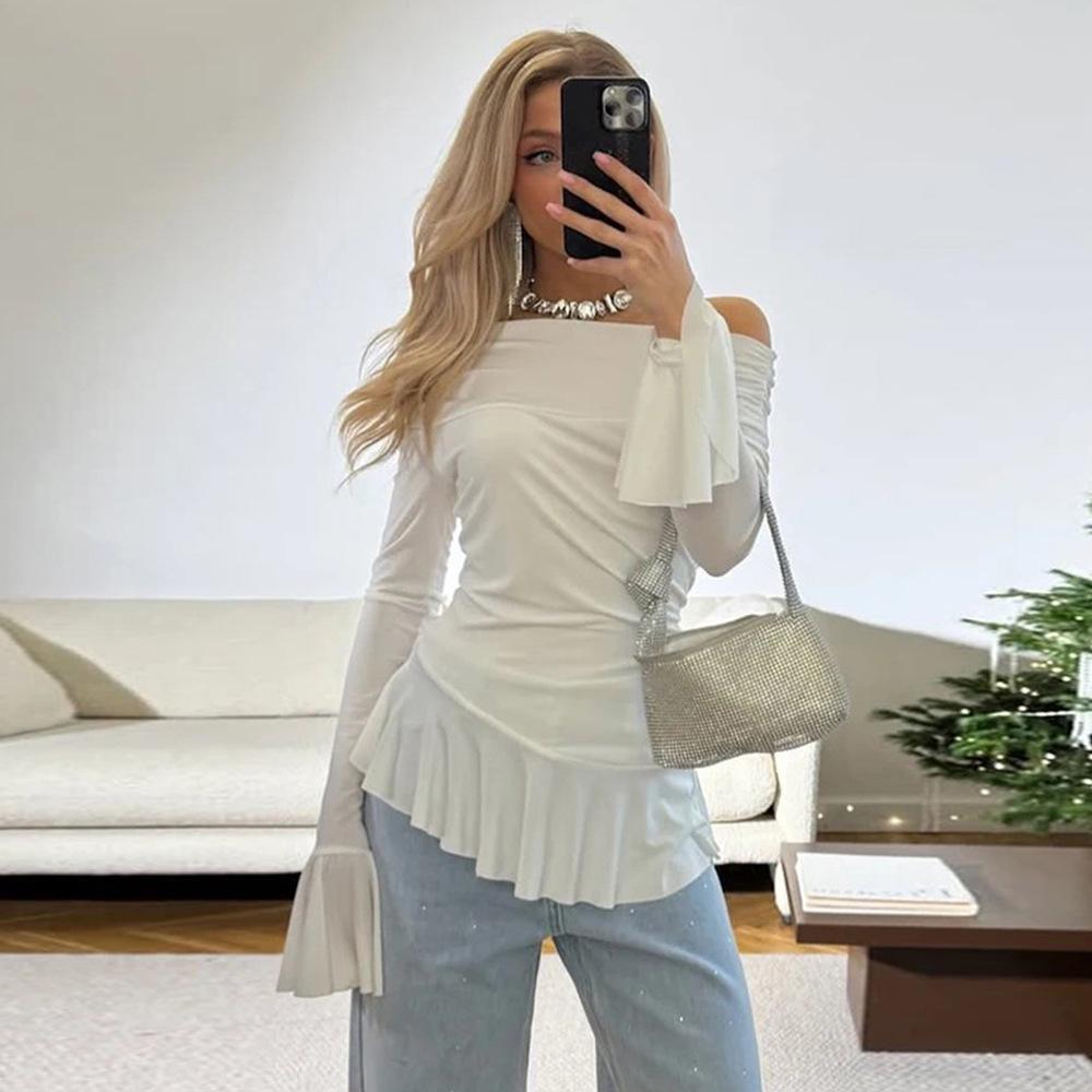 2025 Осень Футболка с открытыми плечами, оборками и длинными рукавами, приталенная