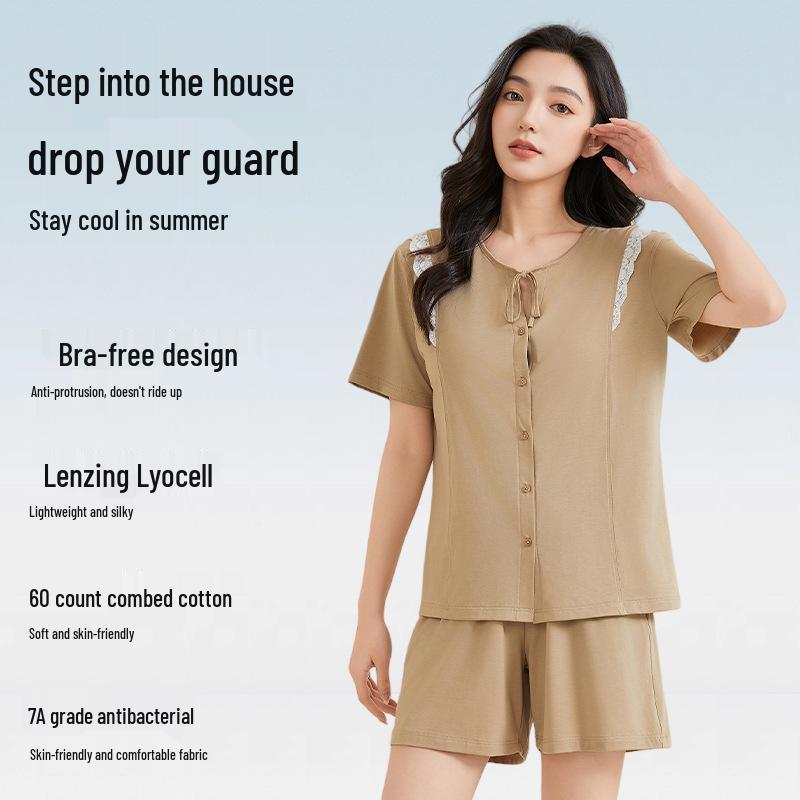 Women's Summer Antibacterial Cooling Pajama Set with Bra Pads - Short Sleeve & Shorts