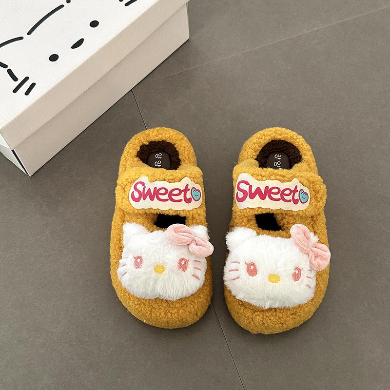 Versatile Comfortable and Warm Girls Fluffy Shoes Autumn and Winter Suede Cute Cartoon Hello Kitty Casual Thick-soled Cotton Slippers