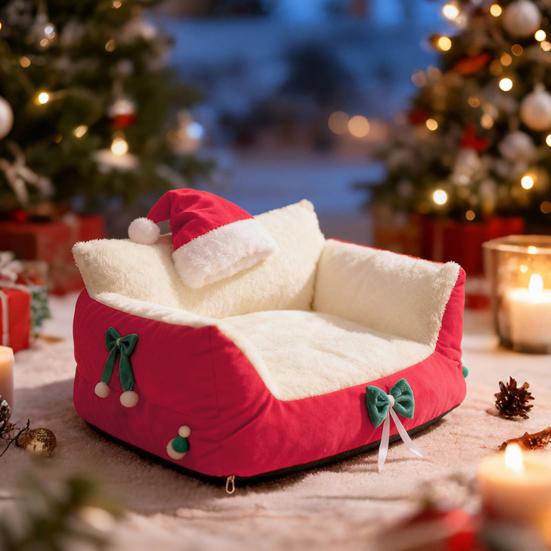 Christmas Cat Bed Fluffy Pet Sofa Bed with Removable Washable Cover Cozy Plush Cat Sofa for Winter Holiday Indoor Cats Rest Play