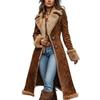 Women's Long Brown Faux Shearling Coat with Lapel Collar and Full Lining