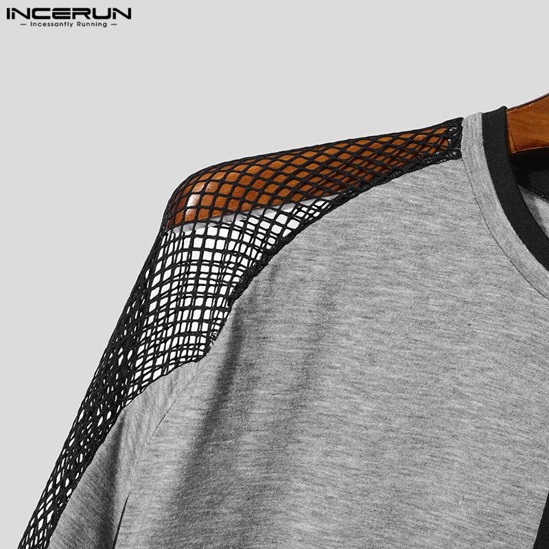 INCERUN Мужские сетчатые футболки с круглым вырезом и длинным рукавом в стиле пэчворк, прозрачные футболки, майки