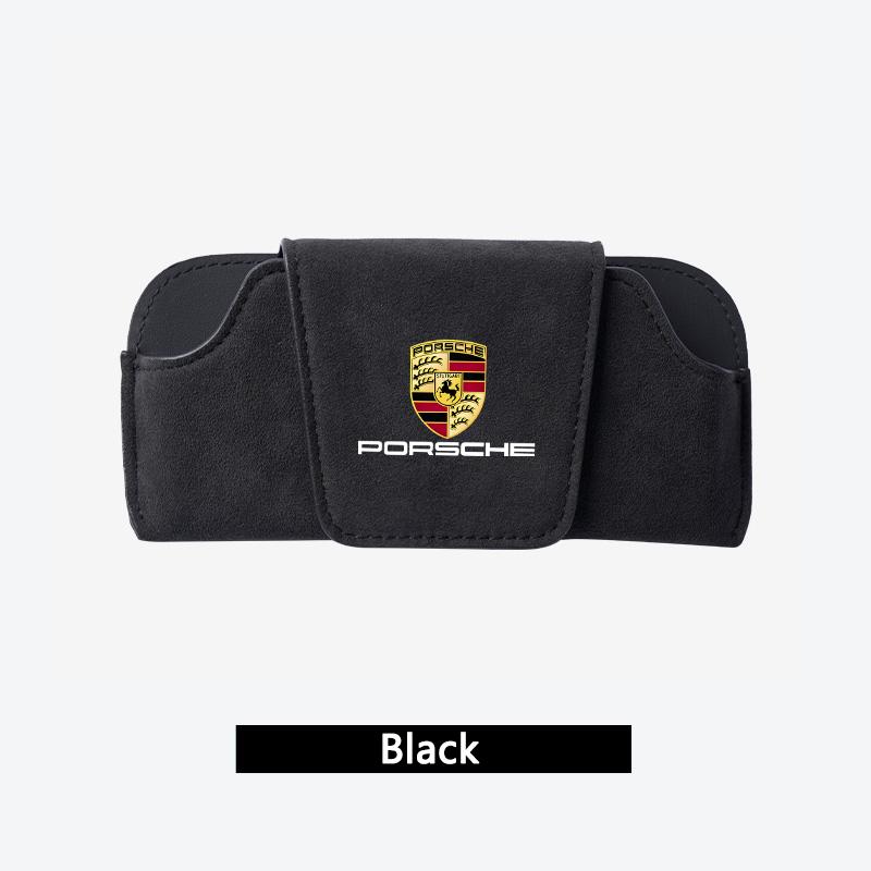 AIHQR1 Car Sun Visor Suede Leather Glasses Case Sunglasses Clips For Porsche Cayenne Panamera Macan Boxster Cayman 718 911 Sticker