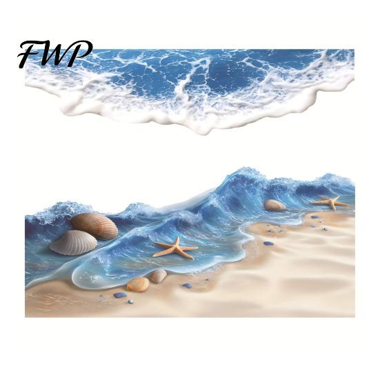 Toilet Decorative Sticker Ocean Beach Sticker, 3D Effect Wave Shell Starfish Removable Sand Self-Adhesive Waterproof PVC Wall Decal for Bathroom